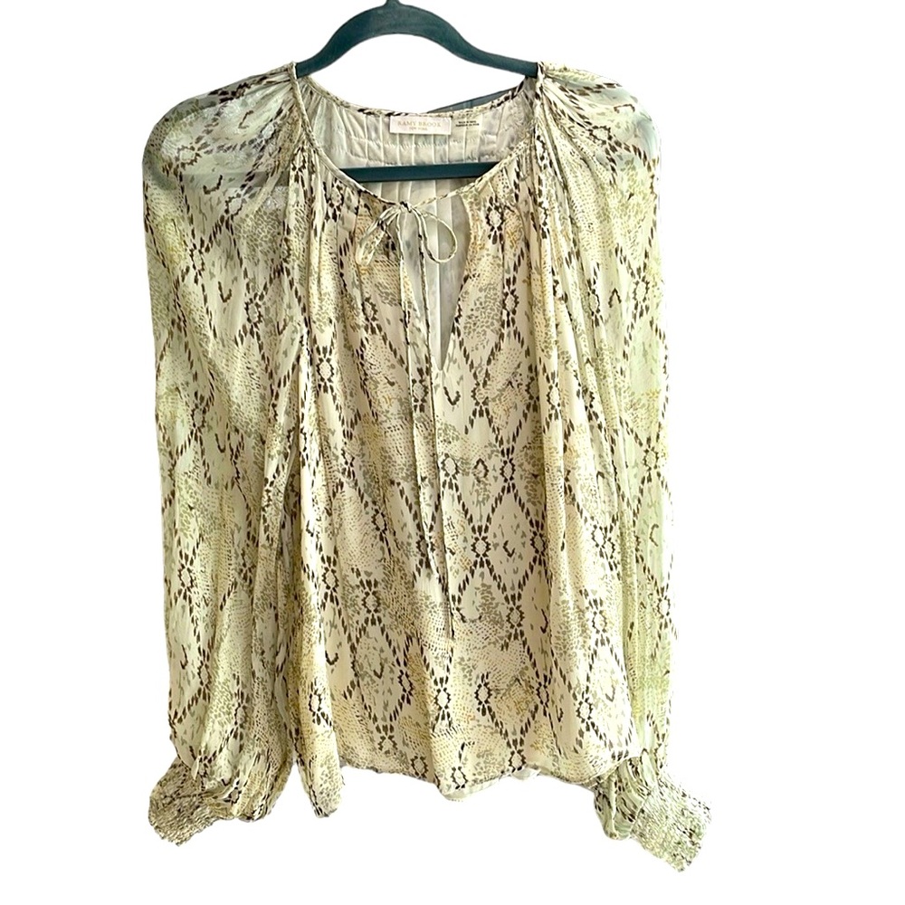 Ramy Brook New York peasant style blouse, neckline tassel,sheer sleeves, sz L